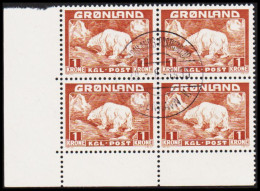 1938. GRØNLAND.  Christian X And Polar Bear. 1 Kr. Polar Bear In 4-block With Marginal Without ... (Michel 7) - JF560458 - Gebraucht
