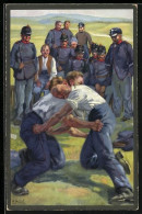 Künstler-AK Sign. E. Hodel: Schweizer Soldaten Beim Ringen / Schwingen - Ringen