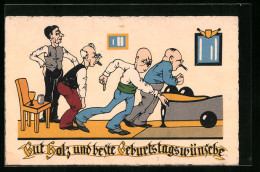 Künstler-AK Kegelbrüder Wünschen Gut Holz - Bowling