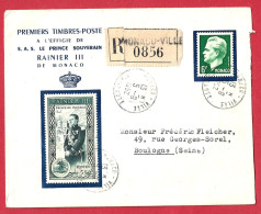 Delcampe - !!! BEL AFFRANCH DONT PA NUMÉRO 1 (AU VERSO) SUR LETTRE RECO DE MONACO-VILLE POUR BOULOGNE DE 1952 + VIGNETTE - Poststempel