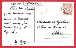 Delcampe - !!! MONACO, CACHET AMBULANT NICE À MARSEILLE B SUR TP DE MONACO (TYPE 3-NUIT) SUR CPA POUR NICE DE 1914 - Poststempel