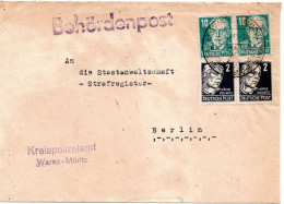Delcampe - 84589 - DDR - 1949 - 2@10Pfg Bebel MiF A Bf WAREN-MÜRITZ - ... -> Westberlin, Abs.: Kreispolizeiamt Waren-Müritz - Polizei - Gendarmerie