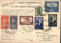 Delcampe - CP Commémorative 1er Vol Groupe Belgique Congo Avion Phalène YT N°425 456 457 Poste Aérienne N°1 + Congo - Lettres & Documents