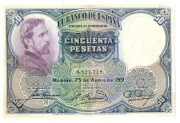 Spain Republic Banco De Espana 50 Pesetas 1931 VF Pick #82 - 50 Pesetas