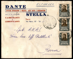 Posta Ordinaria E Storia Postale - Striscia Verticale Di Tre 25 Lire Bassi (726) Su Lettera Espresso Da Terni Arr. E Par - Other & Unclassified