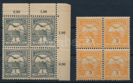 ** 1904 Turul 1f és 3f Négyestömböm, Bennük Kis Festékfoltok, Lemezhibák (1f Elvált Fogak, Szakadás / Aparted Perf, Torn - Other & Unclassified