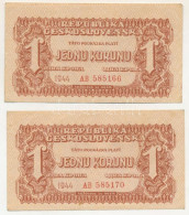 Csehszlovákia 1944. 1K (2x) Közeli Sorszámok "AB 585166 + AB 585170" T:F, Szép Papír Czechoslovakia 1944. 1 Koruna (2x) - Unclassified