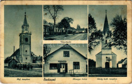 T3 1942 Barkaszó, Barkasovo; Református Templom, Utcarészlet, Görög Katolikus Templom, Hangya üzlete és Saját Kiadása / - Unclassified