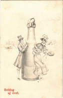 T2/T3 1906 Boldog Újévet! / New Year Greeting Art Postcard With Romantic Couple, Pigs And Champagne (EK) - Unclassified