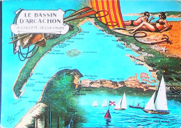 ► Carte  Géographique Bassin Arcachon étoile De Mer Coquillage Ou Huitre Raie Ancre - Vela