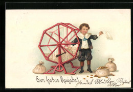 Präge-Lithographie Ein Frohes Neujahr!, Bub Zieht Aus Der Lostrommel, Geldsäcke - Altri & Non Classificati