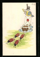Präge-AK Vogel Mit Posthorn Auf Von Maikäfern Gezogenem Münzwagen - Münzen (Abb.)