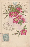ZY 67- " AMITIE SINCERE " - CARTE FANTAISIE GAUFREE - DECOR FLORAL ET COEUR DORE - TREFLE - 2 SCANS - Sonstige & Ohne Zuordnung