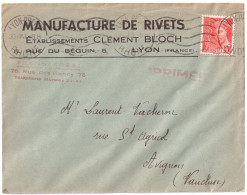 LYON PREFECTURE Lettre Entête Manufacture RIVETS Bloch Tf Imprimé 30c Mecure Seul Yv 415 Ob 30 8 1941 Dest Avignon - 1938-42 Mercure