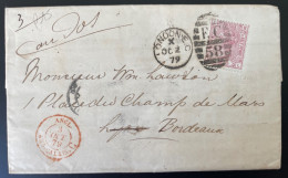 GB QV (Plate 15) On Cover 1879 From London To Bordeaux France , Lettre De Londres 1879 Au Verso Inconnu 3e Appel - Covers & Documents