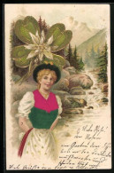 Stoff-Präge-AK Frau In Tracht Und Kleeblatt - Other & Unclassified