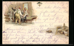 Lithographie Gesellige Herrenrunde Beim Kegeln - Bowling