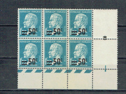 222 Pasteur 50 C. Sur 1,25 F. Bleu Bloc De 6 Bas De Feuille Avec N° Presse 8 Et Barre De Centrage Luxe - 1922-26 Pasteur