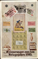 CPA Erinnerungen Aus Dem Kriegsjahre 1916, Fisch, Marmelade, Geldscheine - Münzen (Abb.)