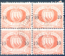 San Marino. Stemma. 10 C. Su 20 C. Cifre Piccole 1892. Blocco Di 4, Usato. - Altri & Non Classificati
