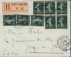 Recommandé Riec Sur Belon 19 9 1912 Finistère Timbre France YT N°137 Semeuse Camée X8 - 1906-38 Semeuse Camée