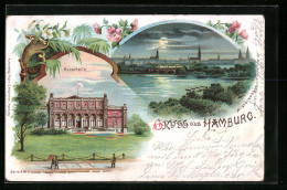 Lithographie Hamburg-St.Georg, Kunsthalle Und Alsterbassin Bei Nacht - Mitte