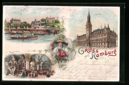 Lithographie Hamburg-St. Pauli, Gasthaus Fährhaus Mit Seemannshaus, Seewarte, Seemannshaus Und Landungsbrücken - Mitte
