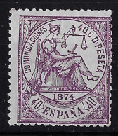 Spain 1874 Justice 40c Bright Mauve, Fresh M/mint, Rich Colour Sg222 C£475  {f} - Unused Stamps