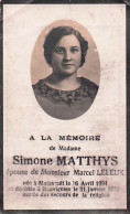 Souvenir Mortuaire - Doodsprentje -Simone Matthys Née A Mainvault 16/04/1904 Décédée A Bouvignies 31/01/1931 - Overlijden
