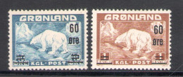 1956 Groenlandia, Francobolli N. 8-9 Soprastampati, Catalogo Unificato N. 28-29, 2 Valori, MNH** - Other & Unclassified