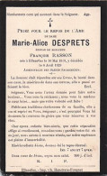 Avis Décès - Doodprentje -  Marie Alice DESPRETS Epouse De Francois Rasson - 1869/1929 - Overlijden