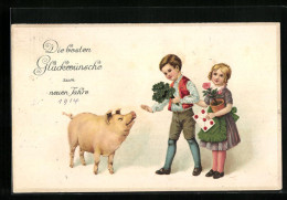 Präge-AK Kinderpaar Mit Schwein Und Blumentopf, Neujahrsgruss - Cochons