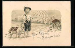 Lithographie Knabe Mit Schwein Im Sonnenuntergang, Neujahrsgruss - Cochons