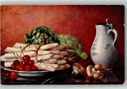 39997929 - Stilleben Mit Spargel Artischocken Kirschen Pilzen Und Weinkrug - Billing, M.