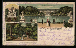 Lithographie Stuttgart, Anlagensee Mit Schloss, Hylas-Gruppe, Promenade Mit Graf Eberhard-Gruppe - Stuttgart
