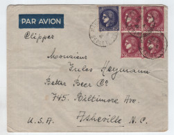 FRANCE CERES 3FR X4+2FR50 BLEU LETTRE AVION CLIPPER MARSEILLE 1941 POUR USA AU TARIF - Lettres & Documents