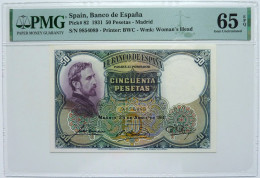 •Q-B•  SPAIN 50 PESETAS 1931 • P 82 • PMG 65 GEM UNC - 50 Pesetas