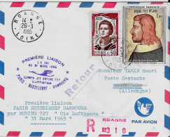 Première Liaison PARIS DUSSELDORF HAMLBOURG Par Boeing 727  31 Mars 1965 (Lettre Recommandée Départ Roanne) - Avions
