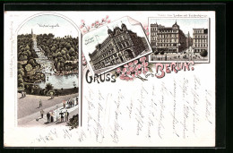 Lithographie Berlin, Blick Auf Den Victoriapark, Die Kaiser Gallerie, Unter Den Linden Und Friedrichstrasse - Mitte