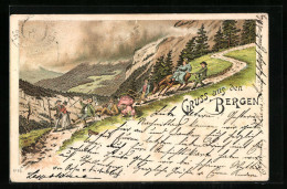 Lithographie Männer Und Frauen Beim Bergsteigen - Alpinismo