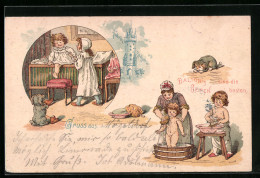 Lithographie Reklame Für Daltons Seifen, Kinder Bei Der Wäsche - Werbepostkarten