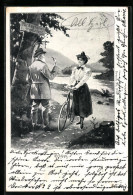 Lithographie Ertappt, Förster Weist Eine Fahrradfahrerin Auf Ein Verbotsschild Hin - Sonstige & Ohne Zuordnung