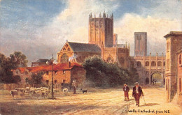A030 England Wells Cathedral From NE Sheeps Painting Signed Vintage Postcard - Wells