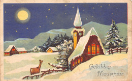 A218 New Year Greetings 1942 Moonlight Deer Church Snow Vintage Postcard - Sonstige & Ohne Zuordnung