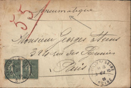 Timbre France YT N°130 Semeuse Lignée 15ct Vert Gris Lettre Pneumatique CAD Neuilly Sur Seine 11 15 29 Du 10 05 - 1877-1920: Semi Modern Period