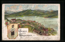 Lithographie Tegernsee, Teilansicht, Mann In Tracht - Tegernsee