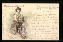 Duft-AK Knabe Mit Blumenstrauss Auf Dem Fahrrad, Blumenduft - Sonstige & Ohne Zuordnung