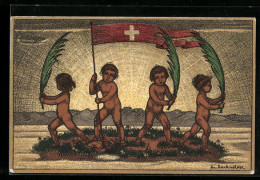 Künstler-AK Kinder Mit Palmwedeln, Schweizer Bundesfeier 1916 - Sonstige & Ohne Zuordnung