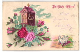Stoff-Präge-AK Ostergruss Mit Kirchturm Und Rosen Aus Echtem Stoff - Altri & Non Classificati