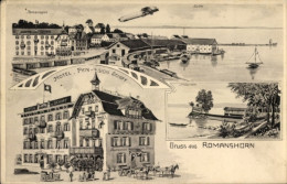 Lithographie Romanshorn Kanton Thurgau, Hafen, Zeppelin, Hotel Pension Schiff, Inselchen - Sonstige & Ohne Zuordnung